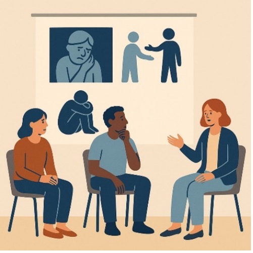 Zeicnung: Drei Köpfe untereinander: Oben älterer Herr, Mitte: mittelalte Frau, unten jüngerer Mann. Alle schauen unzufrieden aus. 