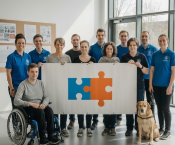 Eine Gruppe Menschen (Kolleg*innen) stehen gemeinsam und halten ein Plakat mit zwei Puzzlesteinen. Links ein junger Mann in Rollstuhl. Rechts unten ein Hund. 