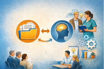 Illustration in Pastelltönen: Menschen in Arbeitssituationen an den Rändern. Mittig in zwei Kreisen: Kopf und gehirn und Datenordner. Beide Kreise mit Pfeilen verbunden. 