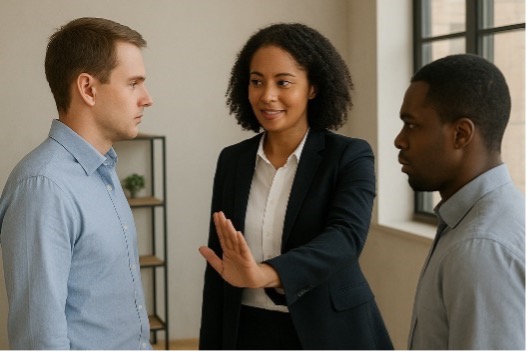 Zeicnung: Drei Köpfe untereinander: Oben älterer Herr, Mitte: mittelalte Frau, unten jüngerer Mann. Alle schauen unzufrieden aus. 