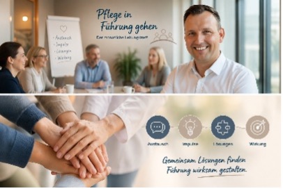 Fotokollage: a) Kolleg:innen im Gespräch, b) Portrait Stefan Schultz, c) Mehrere Hände aufeinandergelegt, d) Logo des Treffpunktes