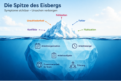 Das Bild eines Eisberges in blauem Eismehr. Unter der Obefläche der größte Teil den Berges. Symptome oben - Ursachen unten. 