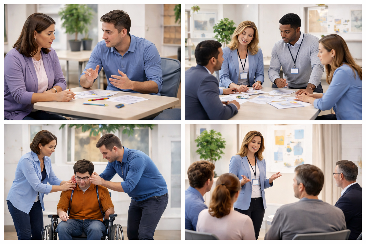 Vier Fotos: verschiedene Interaktionen von Mitarbeitenden und Klient:innen. Zu zweit, dritt, viert und fünft. Untern links eine Person im Rollstuhl. 