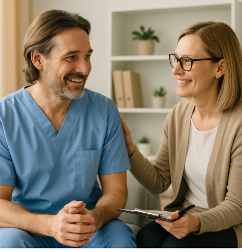 Foto 2 Personen im Gespräch. Links Mann in blauer Pflegerkleidung - rechts Frau in Jacke und T-Shirt.