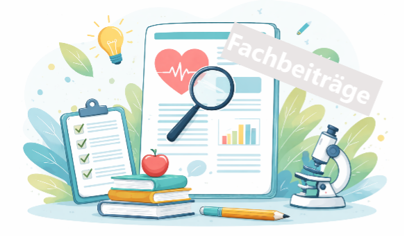 Illustration in Pastelltönen: Links ein Stapel Bücher darauf ein Apfel, dahinter aufgestellt ein Klemmbrett und eine Art Poster. Rechts ein Mikroskop, mittig eine Lupe. Text: Fachbeitrag