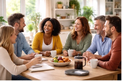 Sechs Kolleg*innen (divers) um einen Tisch herum sitzend imGespräch