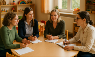 Vier weibliche Kolleginen am niedrigen Kita-Tisch sitzend im Gespräch.
