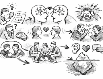 Eine Zeichnung in S/W mit vielen verschiedenen Gesprächsituationen. Menschen zu zweit, alleine und zu dritt