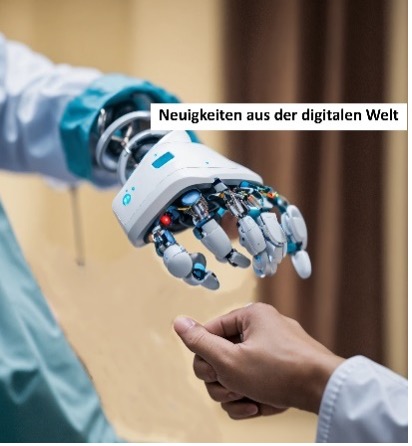 Links Roboterhand im Kontakt mit Menschlicher Hand (Faust). text: Neuigkeiten aus der digitalen Welt.