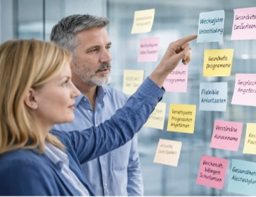 zwei Kolleg:innen vor einer Glaswand mit Post it's